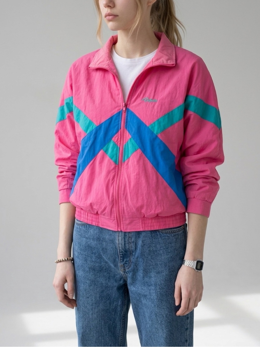 Vintage 1980s Dolfin Neon Pink Colorblock Track Jacket Lined Large Festival
